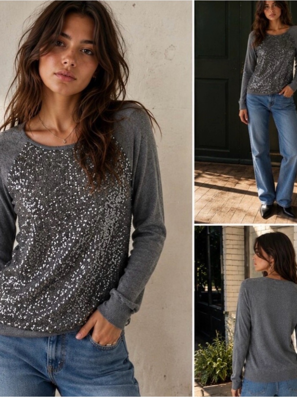 Elle Sequin Front Mesh Sweater-size S